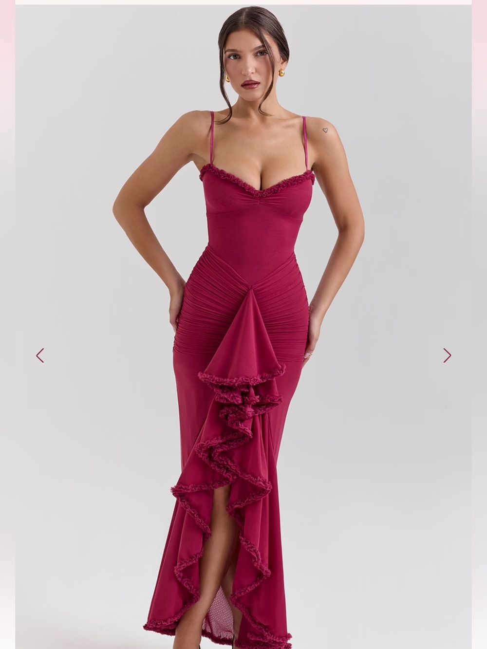 House of CB Gabbi Burgundy Strapless Ruffle Column Gown